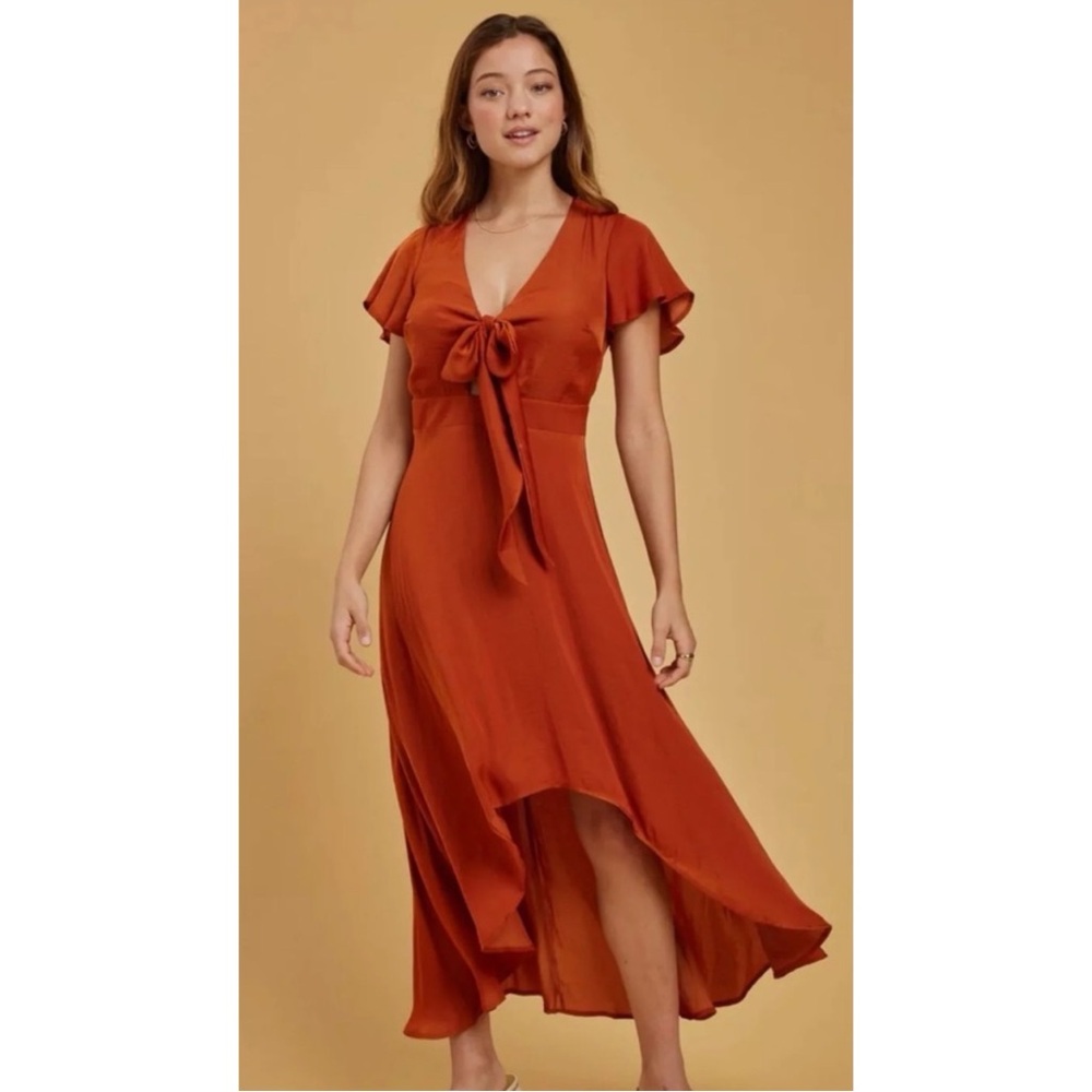Trixxi Rust Orange Short Ruffle Sleeve High Low Keyhole Dress Womens XL